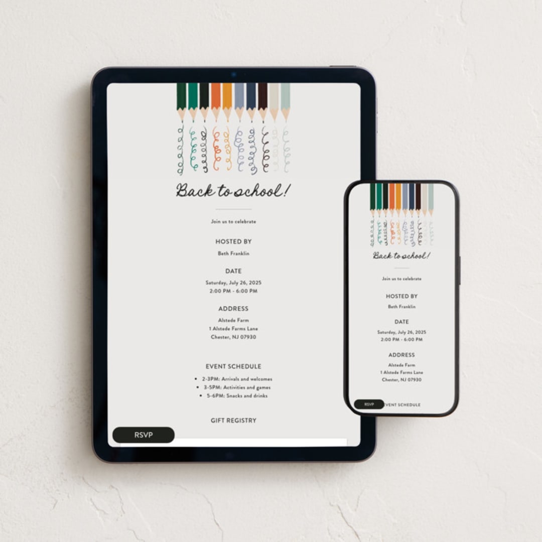 "Pencil Box" - Online Party Invitations in Chalkboard by Gwen Bedat - Mobile + desktop layout