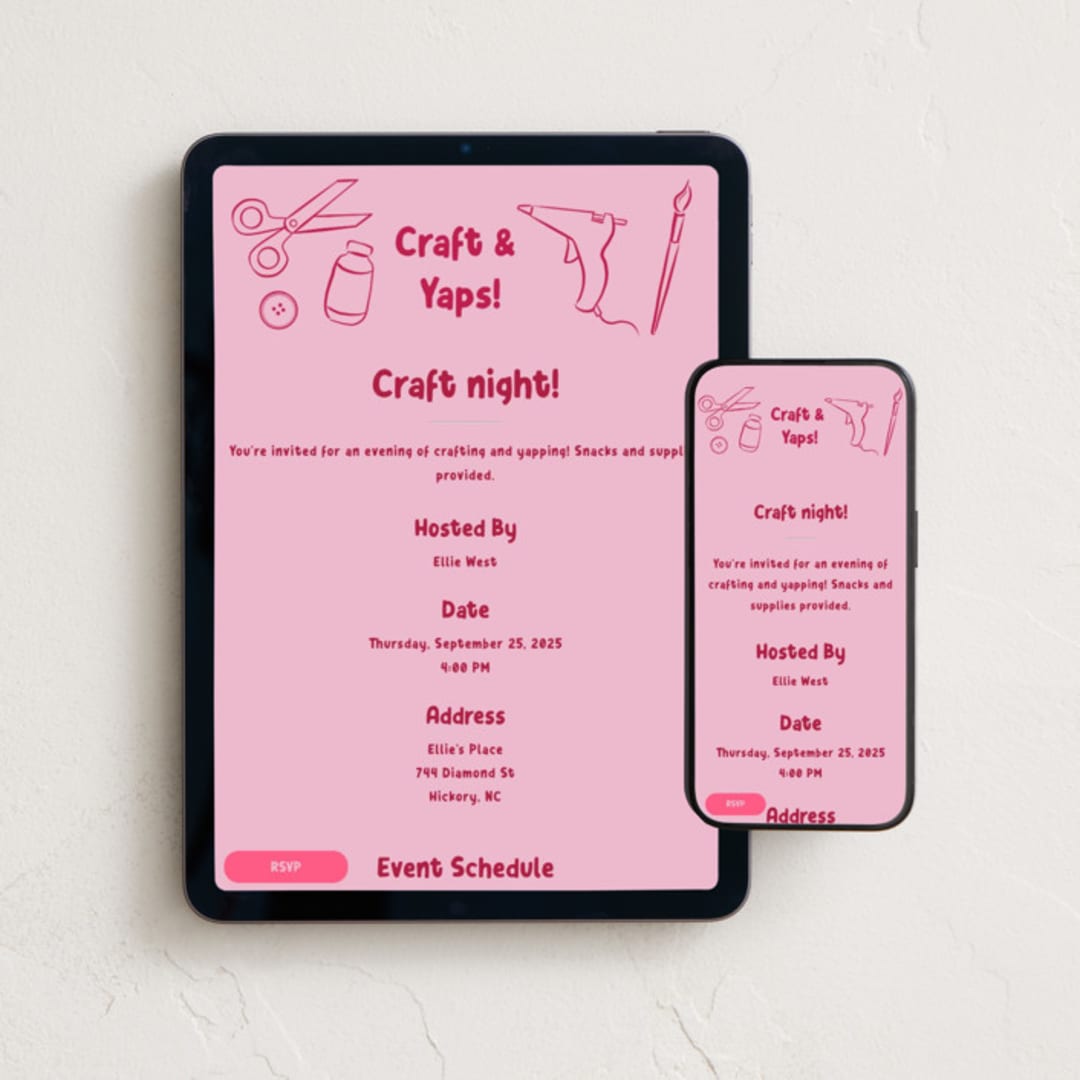 "Craft & Yaps!" - Online Party Invitations in Raspberry by Julia Starr - Mobile + desktop layout