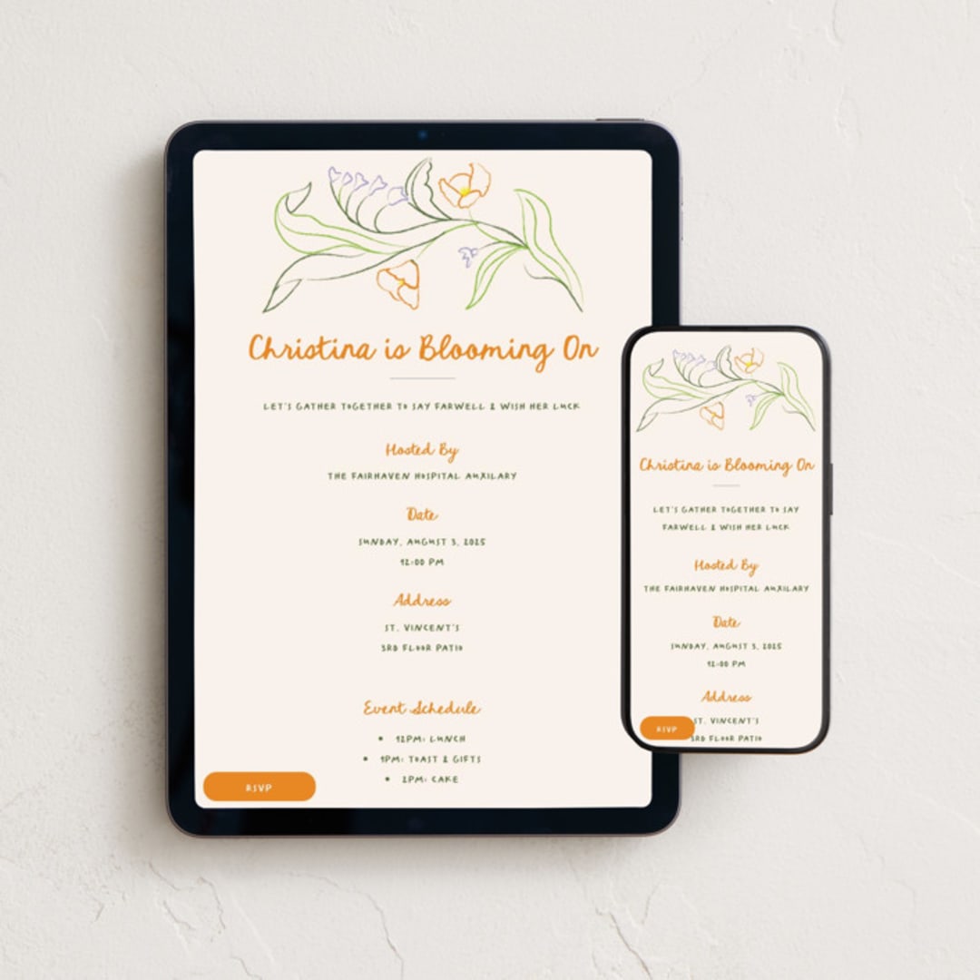 "Blooming On" - Online Party Invitations in Garden by Kamala Nahas - Mobile + desktop layout