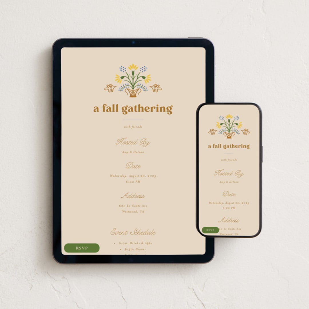 "Embroidery" - Online Party Invitations in Cashew by Becky Nimoy - Mobile + desktop layout