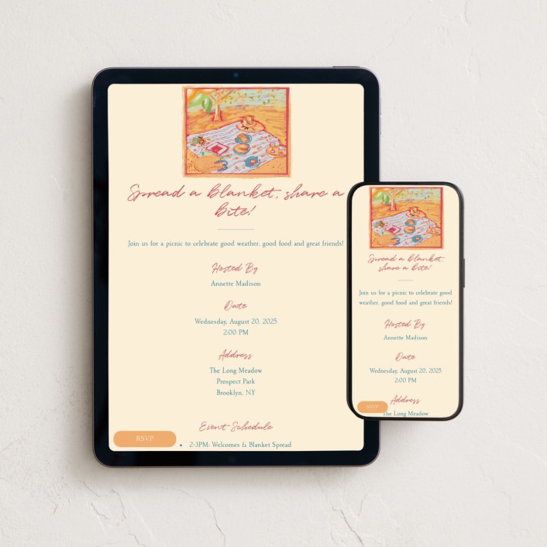 "Spread a Blanket, Share a Bite!" - Online Party Invitations in Cardinal by Sarah Rosenthal - Mobile + desktop layout