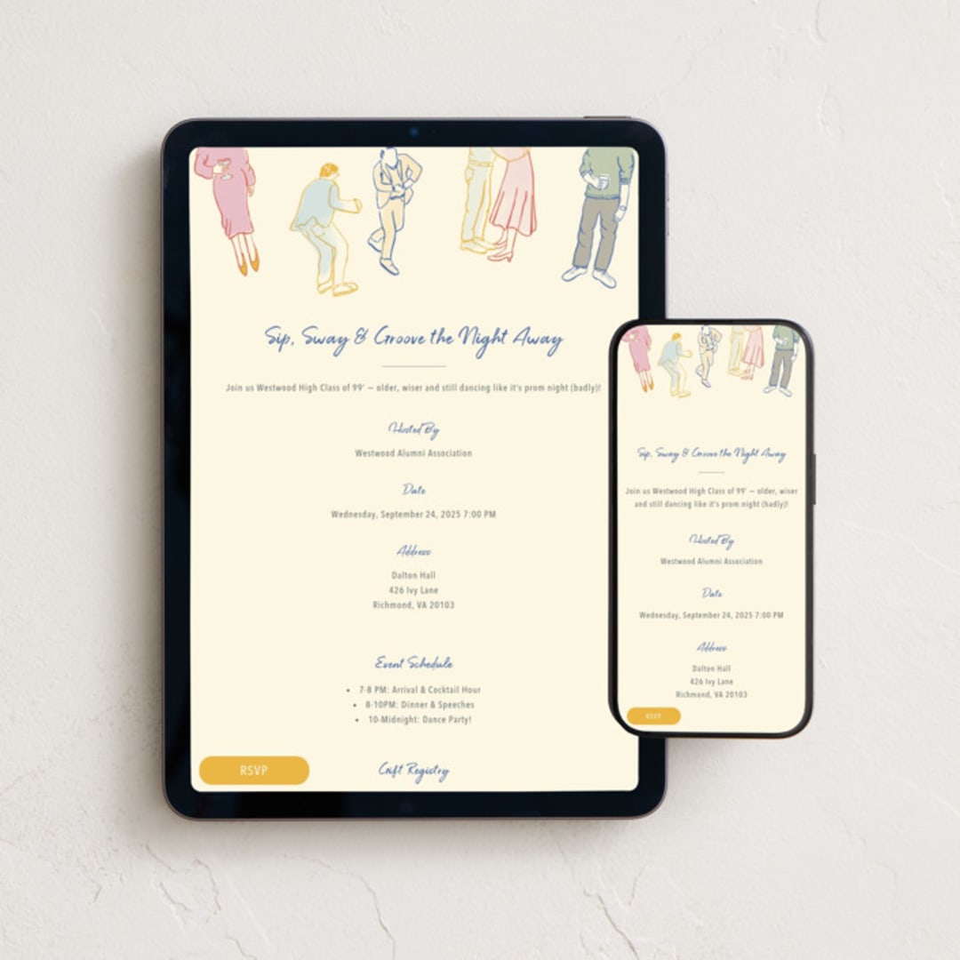 "Sip, Sway, Groove the Night Away!" - Online Party Invitations in Ivory by Sarah Rosenthal - Mobile + desktop layout