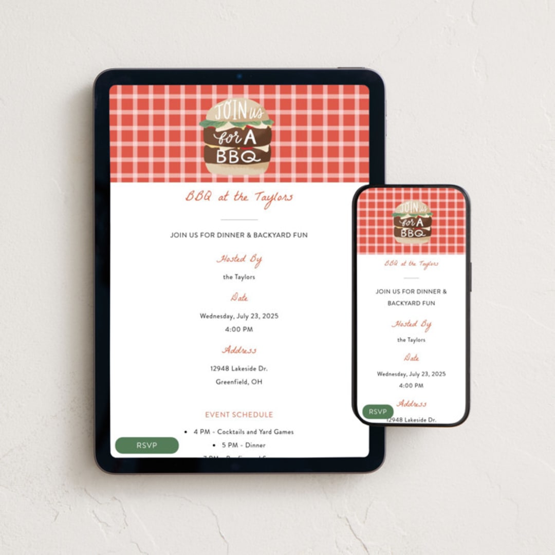 "BBQ Burger" - Online Party Invitations in Peach by Alethea and Ruth - Mobile + desktop layout