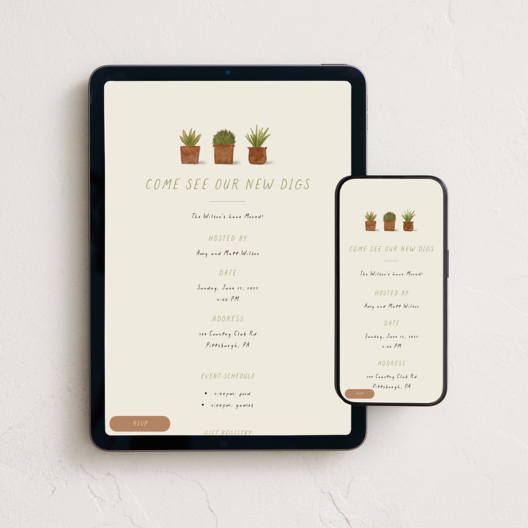 "New Digs" - Online Party Invitations in Succulent by Sarah Hawkins Designs - Mobile + desktop layout