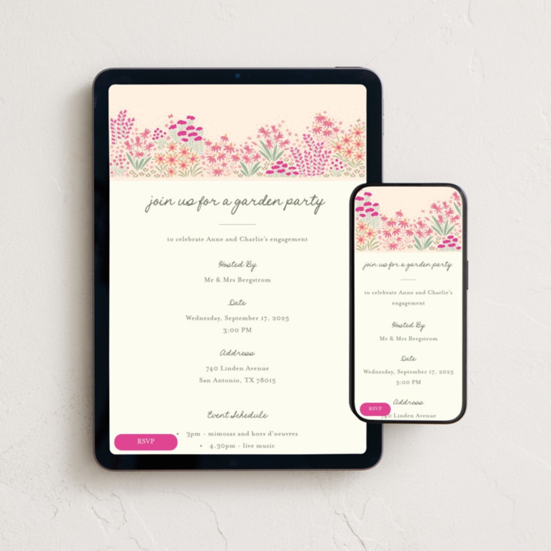 "Floral Border" - Online Party Invitations in Summer Fuchsia by Pippa Shaw - Mobile + desktop layout