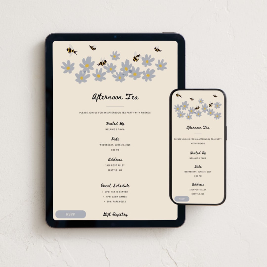 "Busy Bees" - Online Party Invitations in Summer Blue by Ani Somi - Mobile + desktop layout