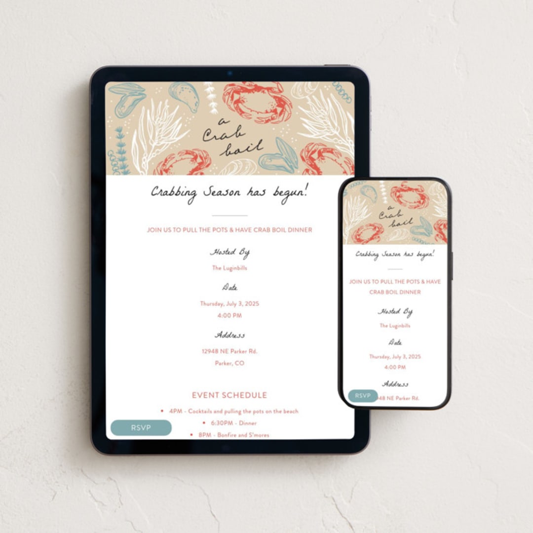 "Crab Boil" - Online Party Invitations in Vanilla by Alethea and Ruth - Mobile + desktop layout