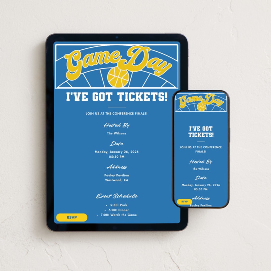 "College Basketball" - Online Party Invitations in Sky by Becky Nimoy - Mobile + desktop layout