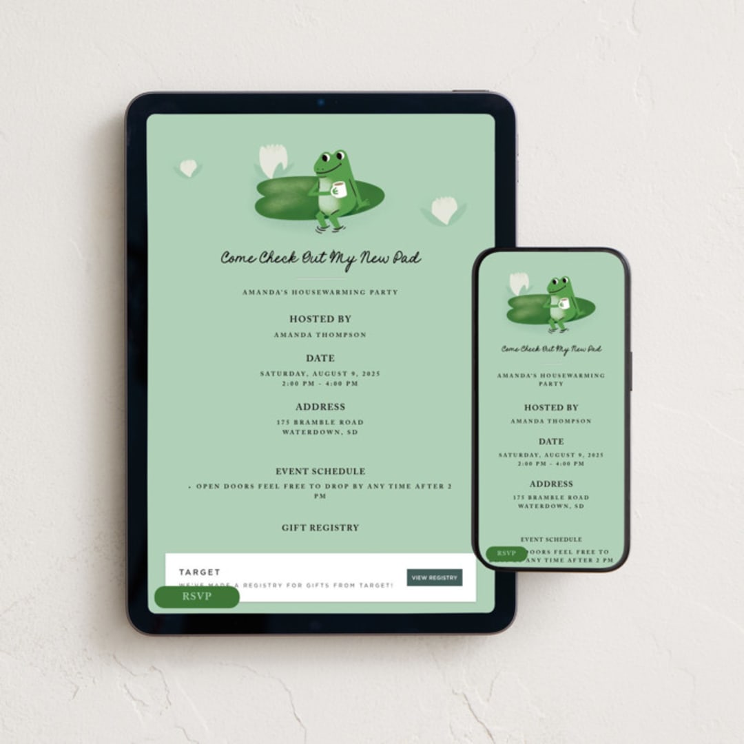 "New Pad" - Online Party Invitations in Lily Pad by mo kelley - Mobile + desktop layout