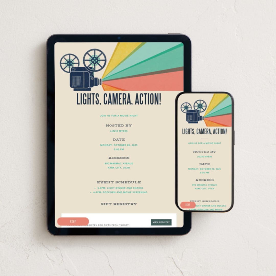 "Movie Night!" - Online Party Invitations in Cream by Robert and Stella - Mobile + desktop layout