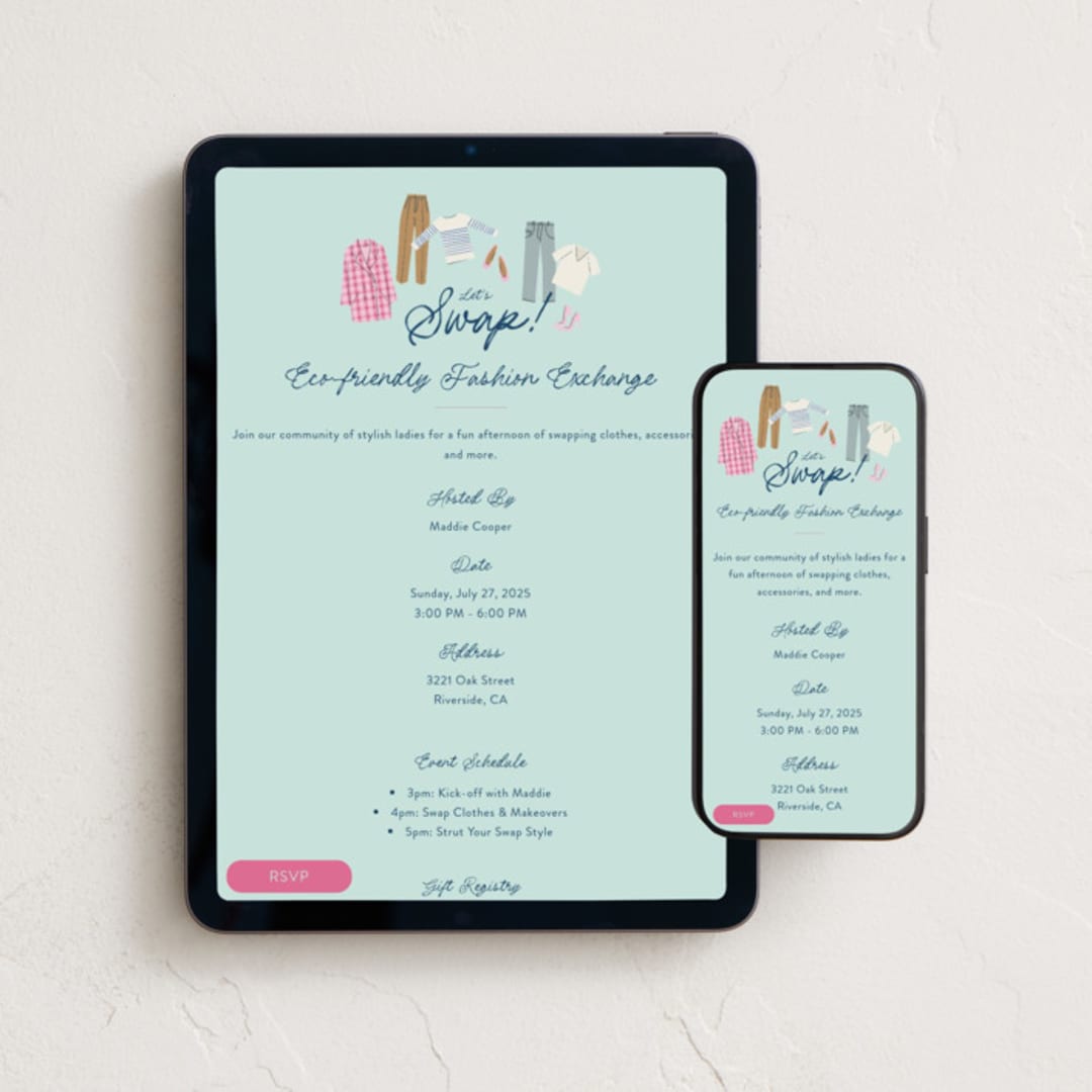 "Clothes Swap" - Online Party Invitations in Sky by Leia Matt - Mobile + desktop layout