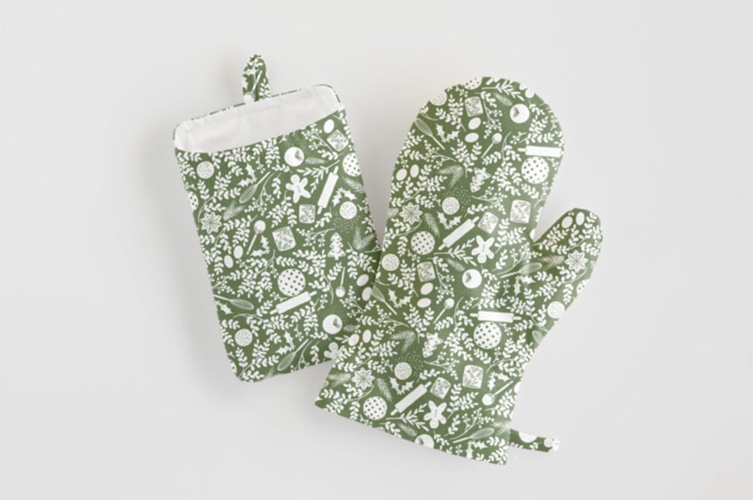 "A Baker's Holiday" - Mitt and Potholder Set in Sage by Jaclyn Ruble - Overview