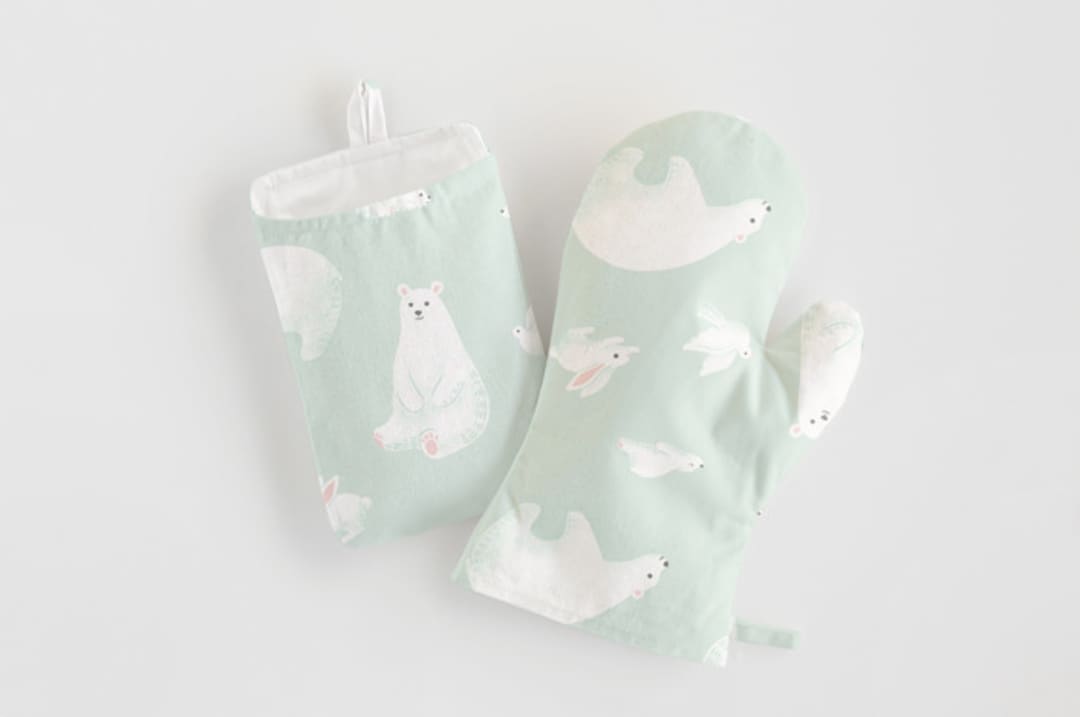 "Polar Bears" - Mitt and Potholder Set in Azure by Shannon Chen of Four Wet Feet Studio - Overview
