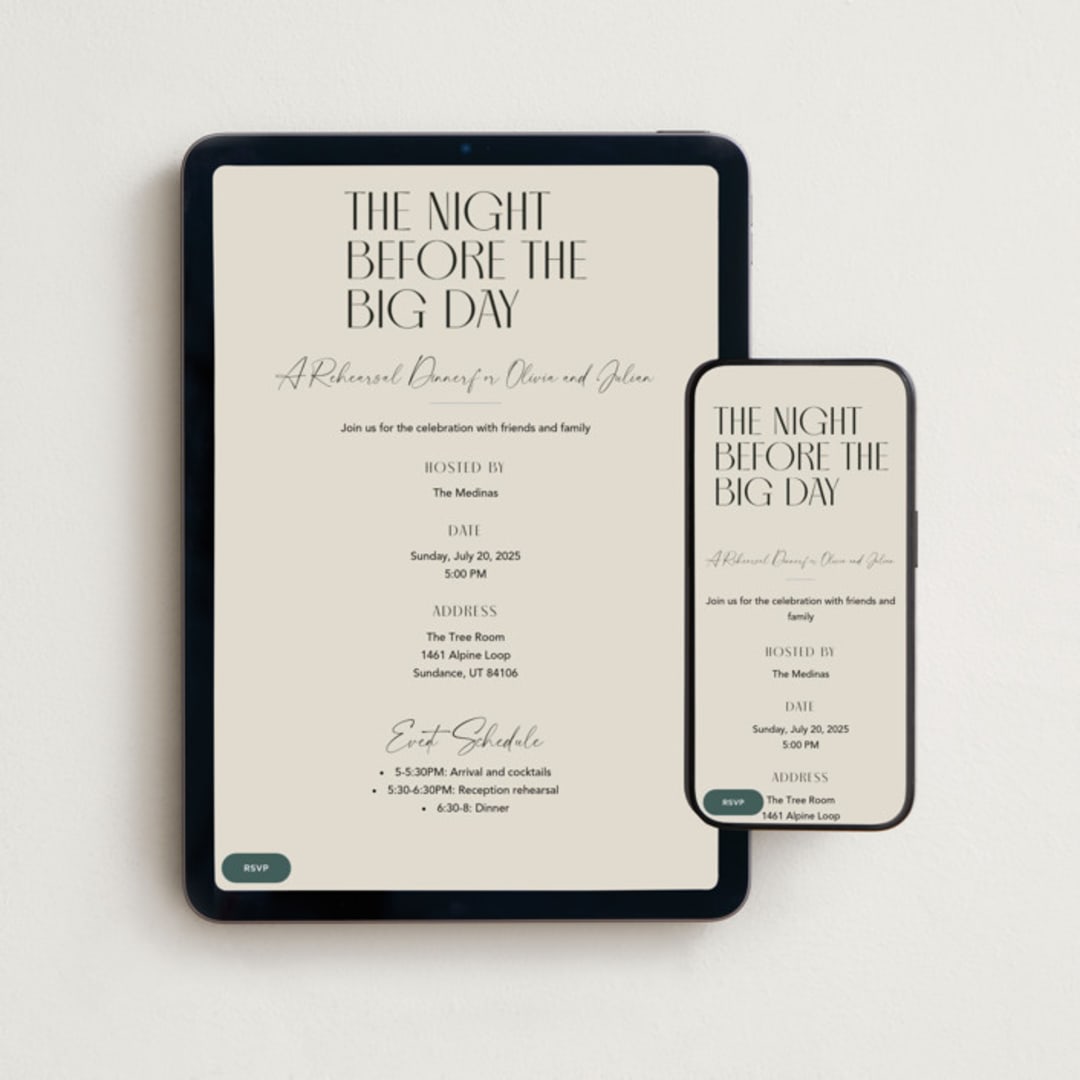 "Modern Stack" - Online Rehearsal Dinner Invitations in Sand by Robert and Stella - Mobile + desktop layout