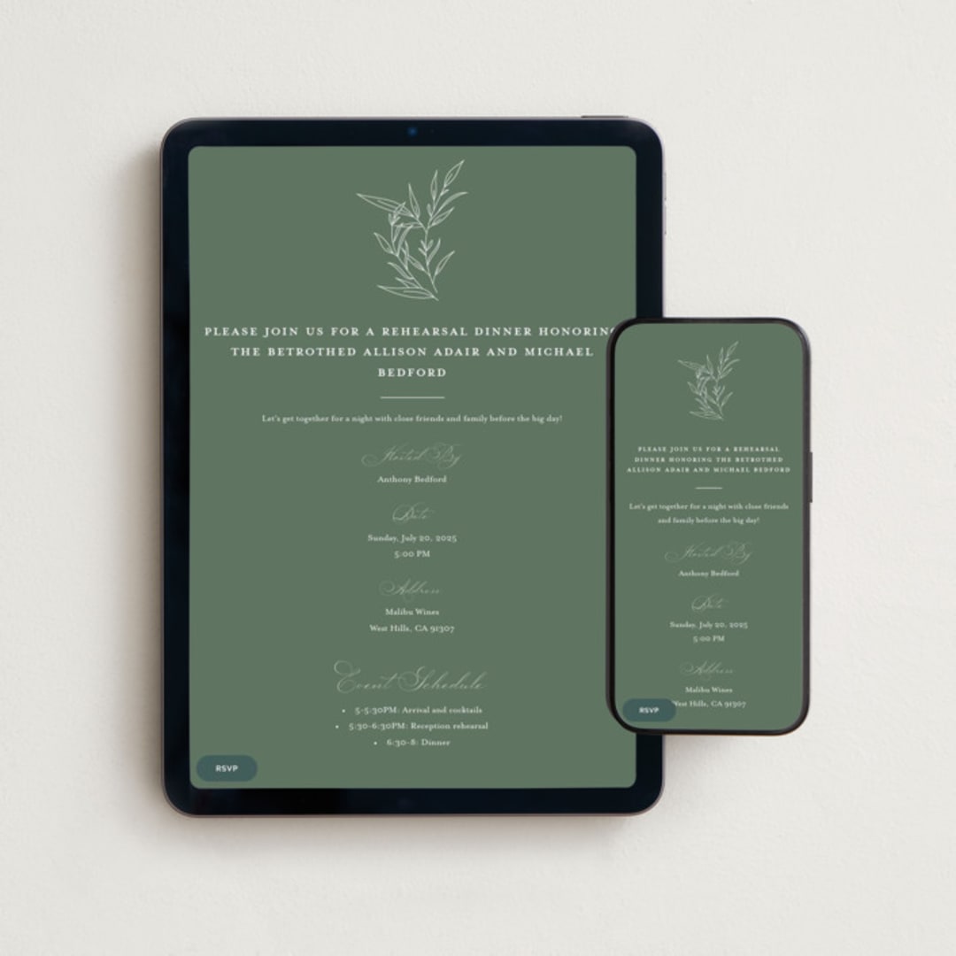 "Initial" - Online Rehearsal Dinner Invitations in Sage by Jennifer Postorino - Mobile + desktop layout