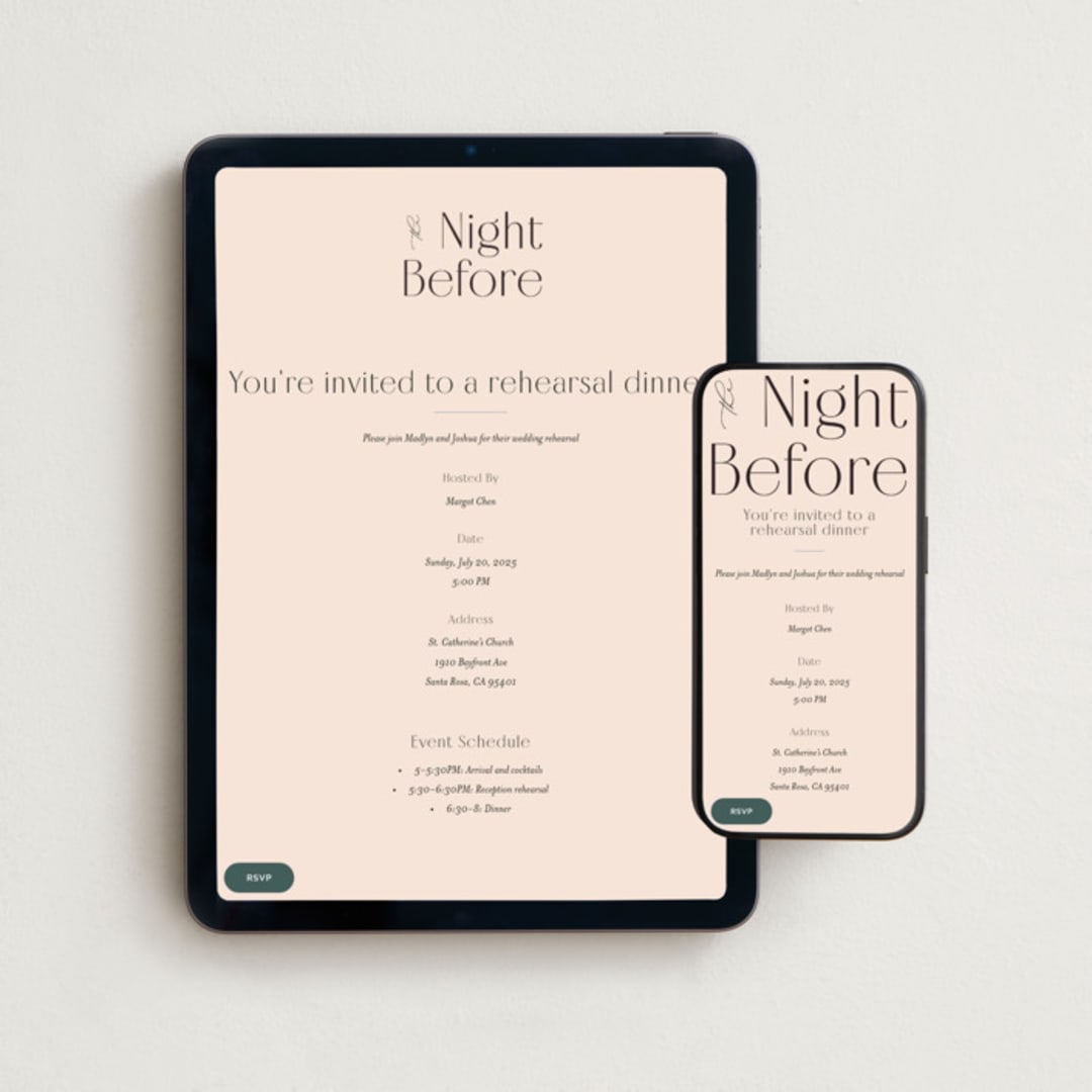 "Classic Modern" - Online Rehearsal Dinner Invitations in Almond by Morgan Kendall - Mobile + desktop layout