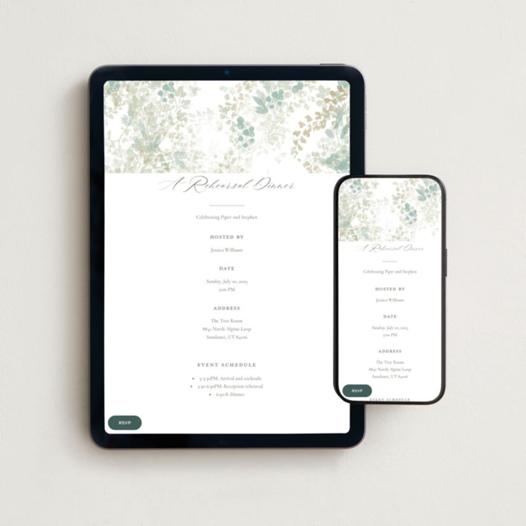 "Greenery Swash" - Online Rehearsal Dinner Invitations in Linen by Robert and Stella - Mobile + desktop layout
