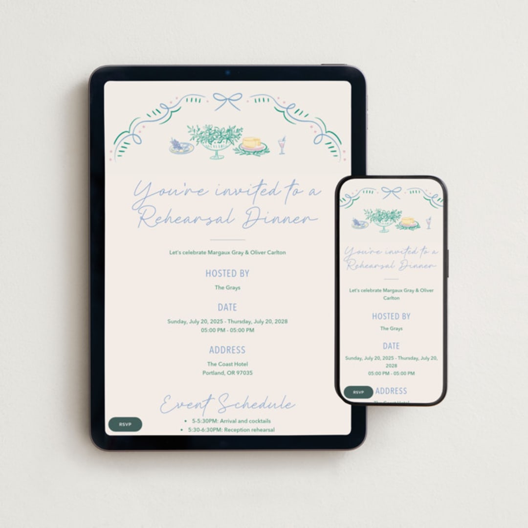 "Dining" - Online Rehearsal Dinner Invitations in Pastel by Elly - Mobile + desktop layout