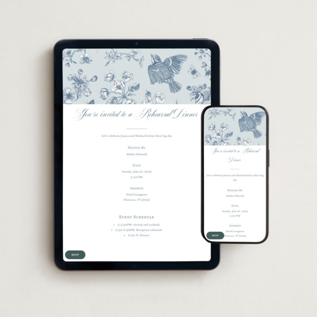"Empire" - Online Rehearsal Dinner Invitations in Dusty Blue by Jennifer Postorino - Mobile + desktop layout