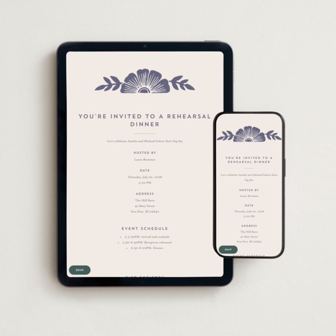 "Block Print Frame" - Online Rehearsal Dinner Invitations in Twilight by Katharine Watson - Mobile + desktop layout