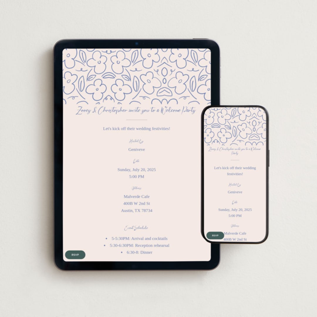 "Casualized" - Online Rehearsal Dinner Invitations in Sky by Inkblot Design - Mobile + desktop layout