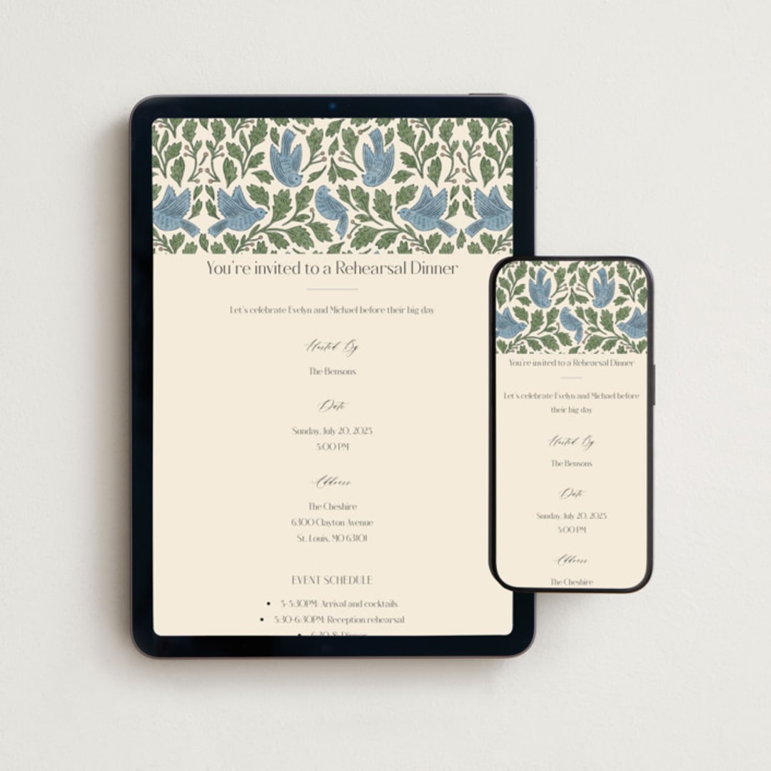 "birdies" - Online Rehearsal Dinner Invitations in Bluebird by Jen Owens - Mobile + desktop layout