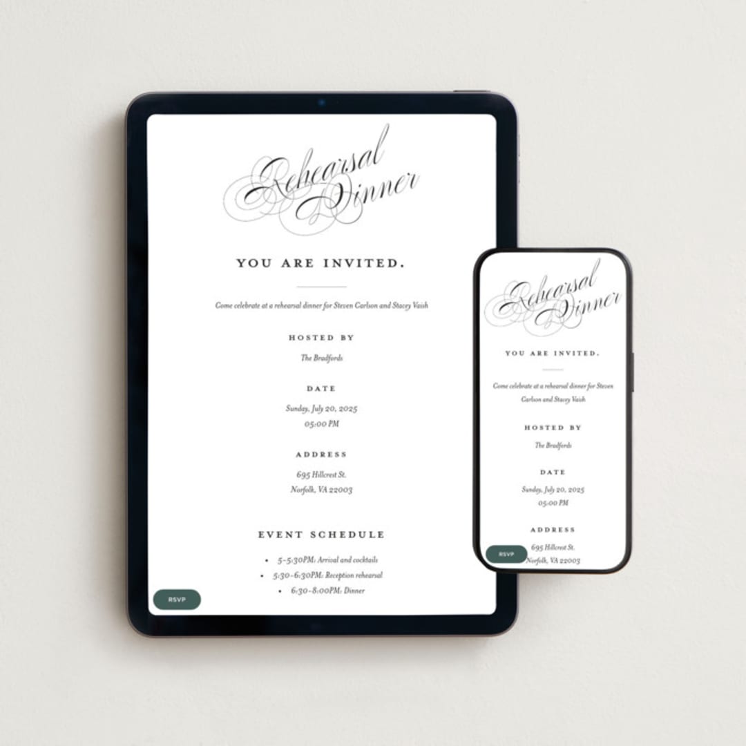 "Forever" - Online Rehearsal Dinner Invitations in Onyx by Hudson meet Rose - Mobile + desktop layout