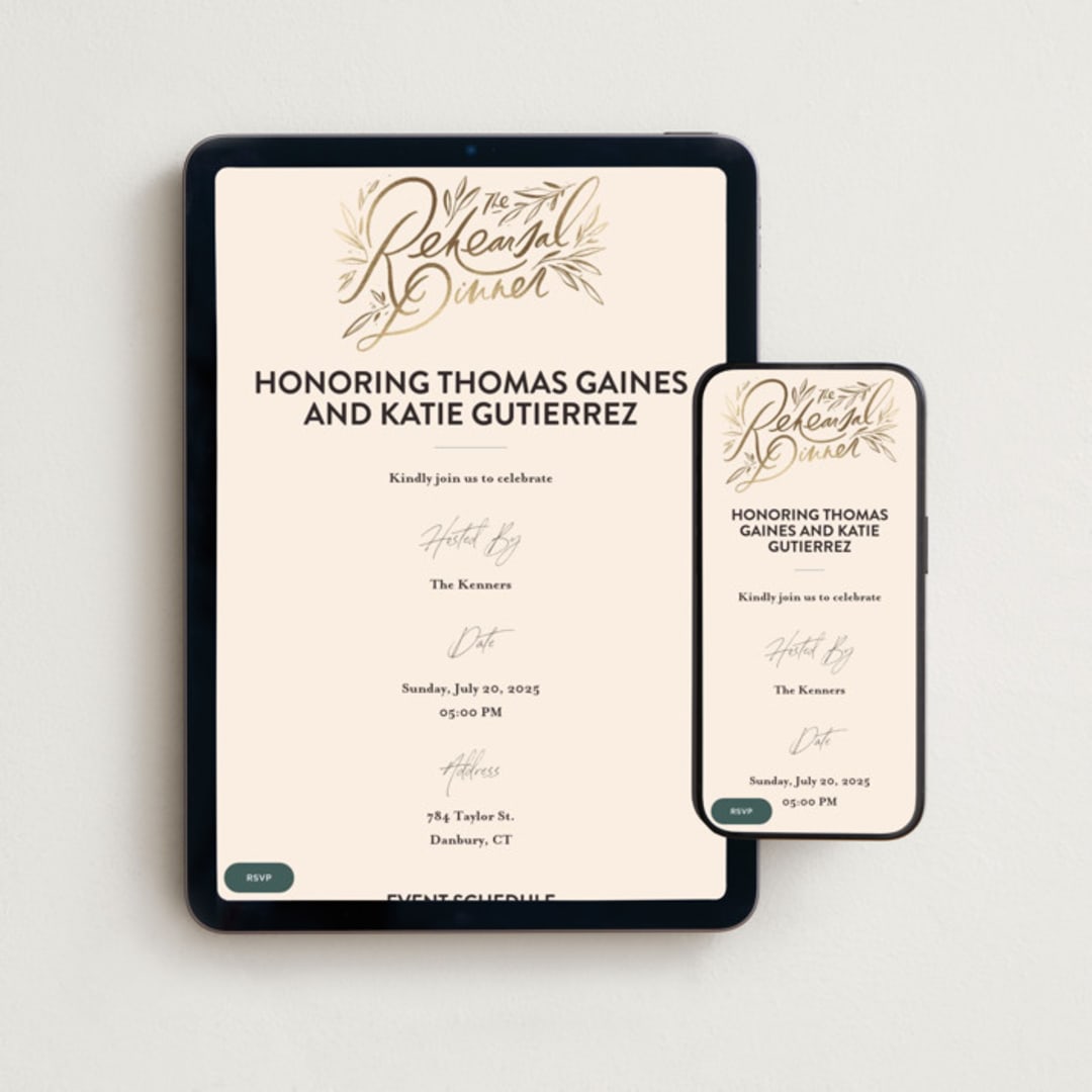 "Dinner Fleur" - Online Rehearsal Dinner Invitations in Almond by Julie Murray - Mobile + desktop layout