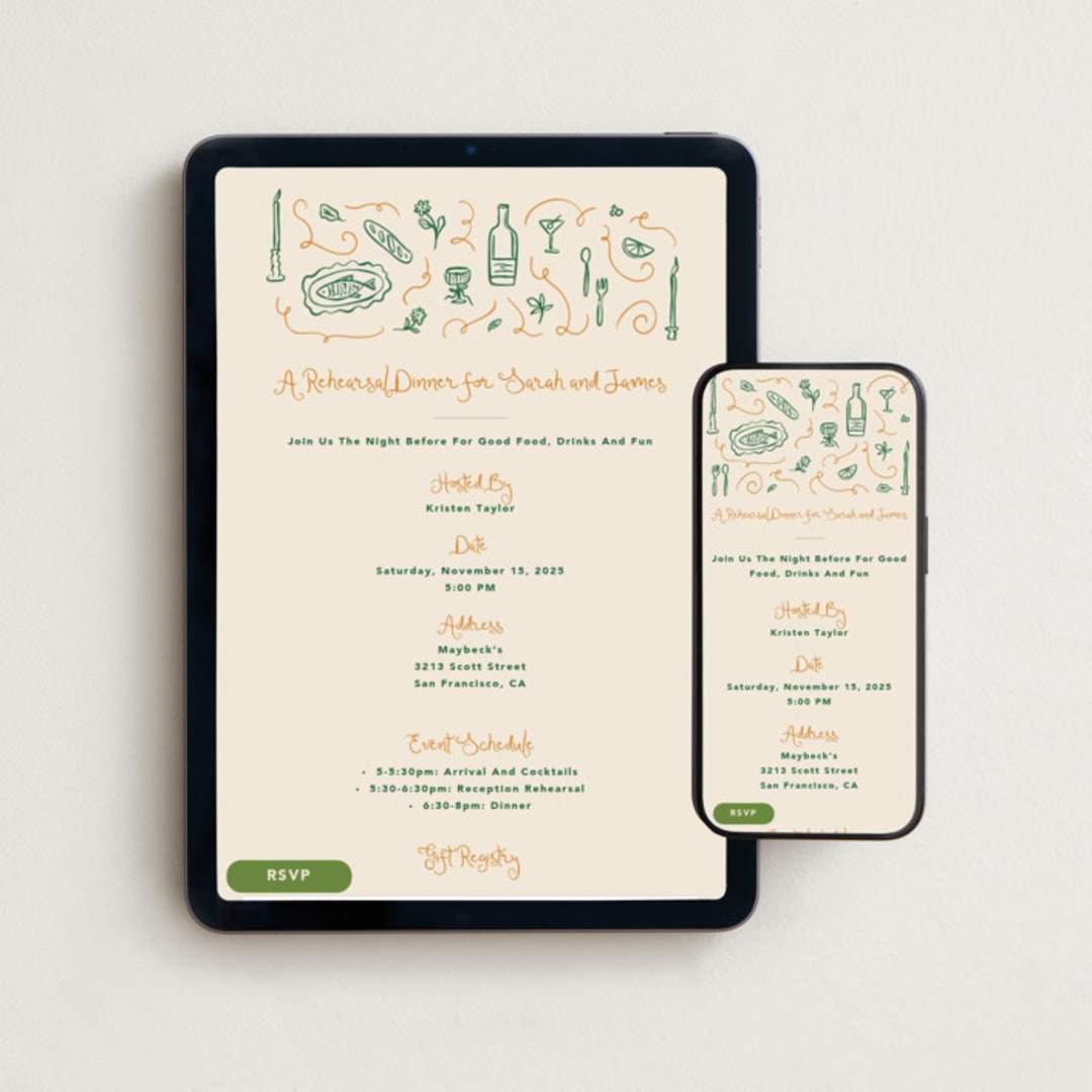 "Eating and drinking" - Online Rehearsal Dinner Invitations in Kale by Creo Study - Mobile + desktop layout