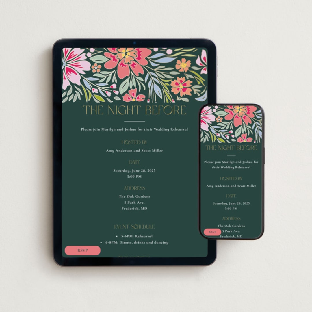 "Bold Flora" - Online Rehearsal Dinner Invitations in Pine by Stellax Creative - Mobile + desktop layout