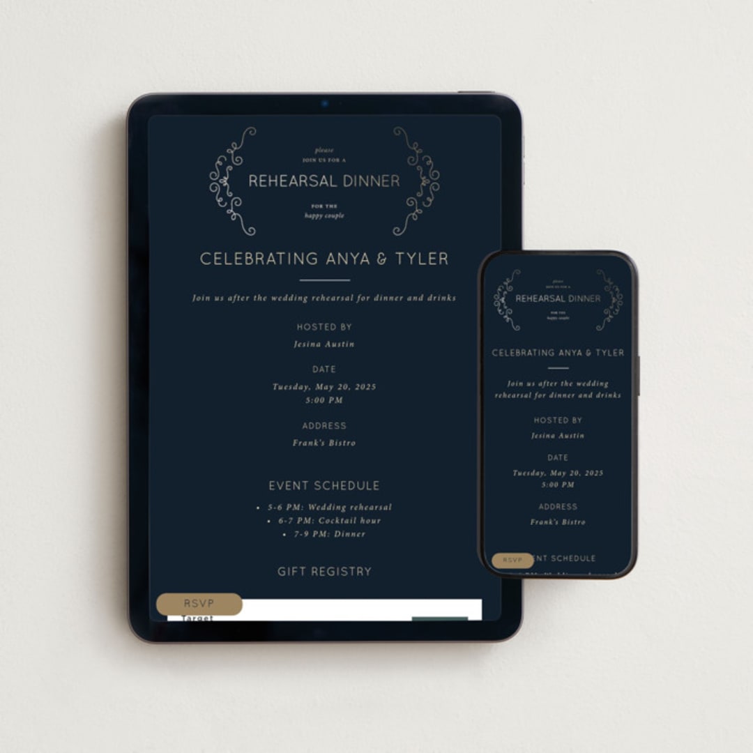 "Chateau Frame" - Online Rehearsal Dinner Invitations in Midnight by Holly Whitcomb - Mobile + desktop layout