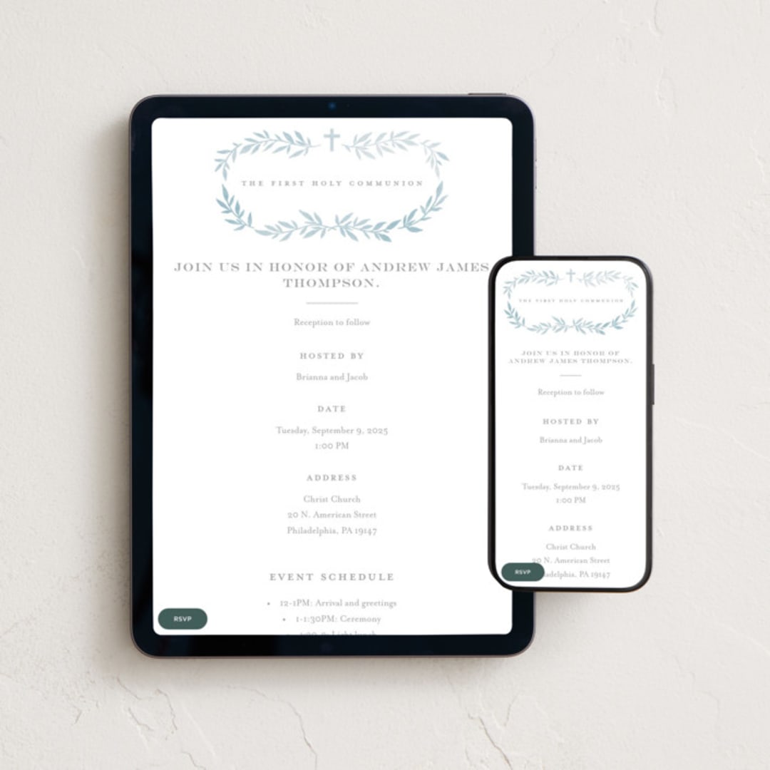 "Simple Foliage" - Online Religious Milestone Invitations in Mist by Everett Paper Goods - Mobile + desktop layout