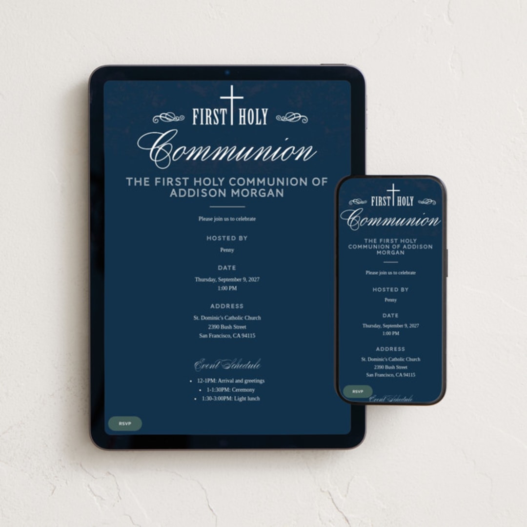 "Stately Cross" - Online Religious Milestone Invitations in Navy by Beth Schneider - Mobile + desktop layout
