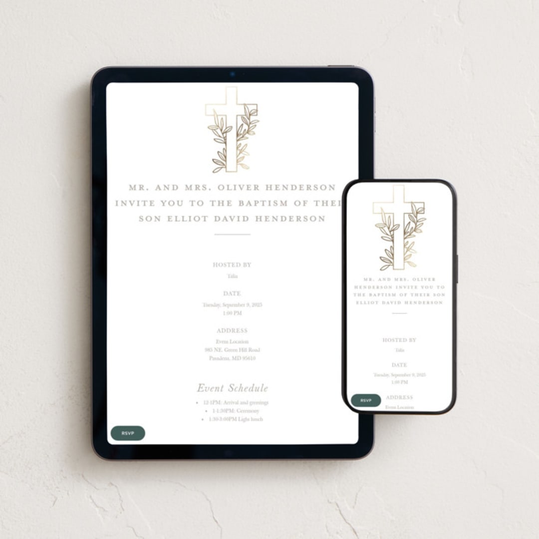 "Gilded cross" - Online Religious Milestone Invitations in Sand by Creo Study - Mobile + desktop layout