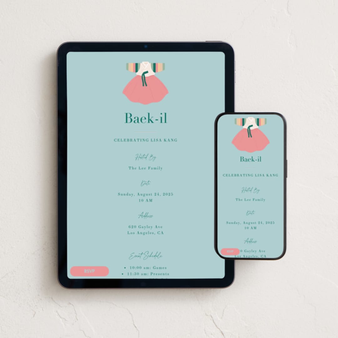 "Girls Hanbok" - Online Religious Milestone Invitations in Pool by Becky Nimoy - Mobile + desktop layout
