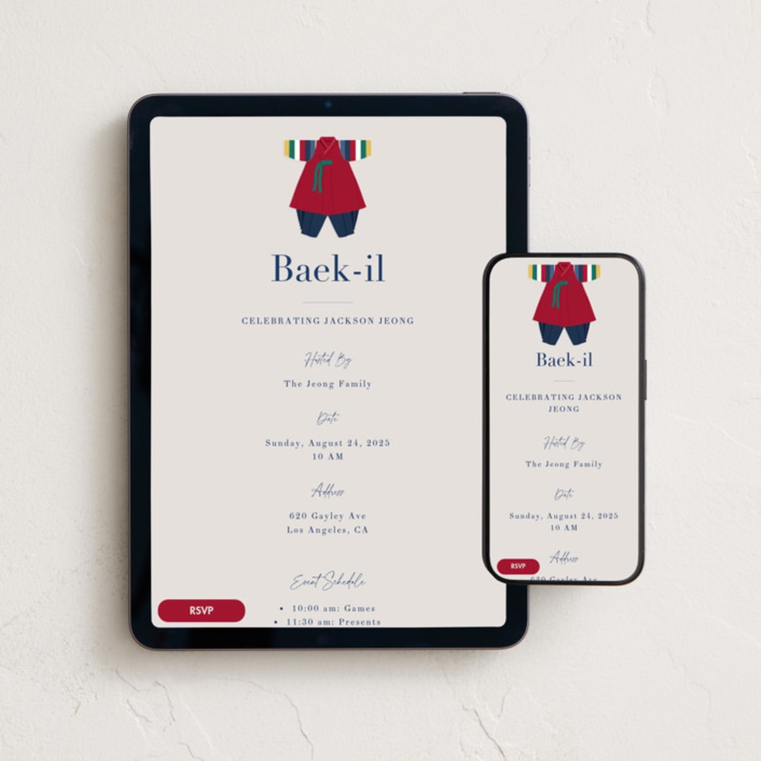 "Boys Hanbok" - Online Religious Milestone Invitations in Cherry by Becky Nimoy - Mobile + desktop layout