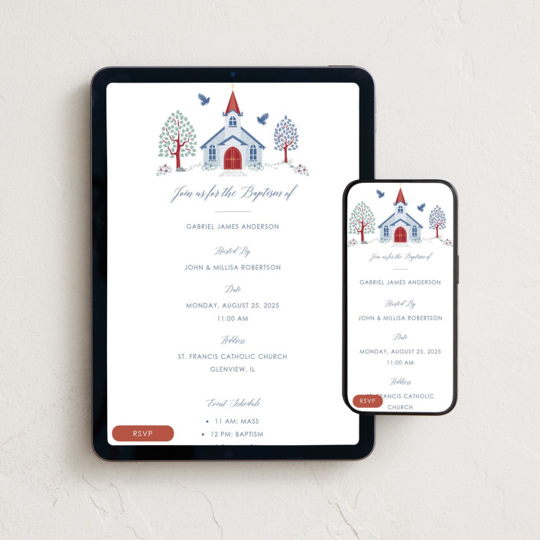 "Charming Chapel" - Online Religious Milestone Invitations in Celestial by Paper Sun Studio - Mobile + desktop layout