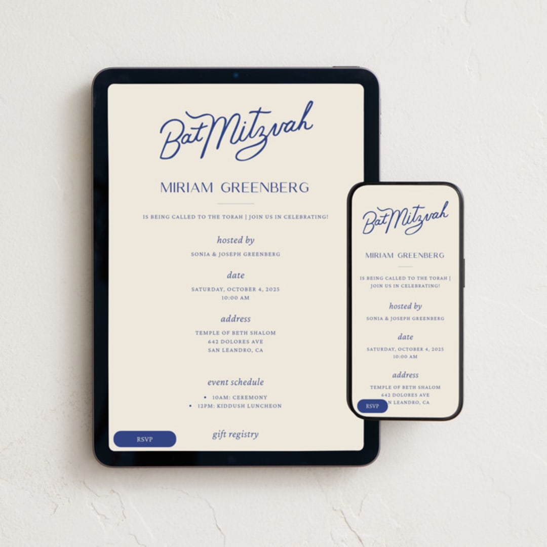 "Bat Mitzvah" - Online Religious Milestone Invitations in Indigo by Sierra Lee - Mobile + desktop layout