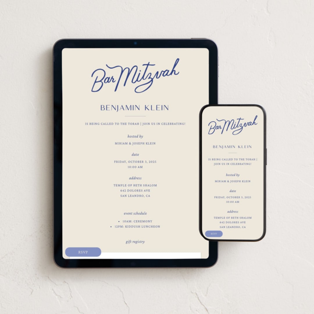 "Bar Mitzvah" - Online Religious Milestone Invitations in Indigo by Sierra Lee - Mobile + desktop layout