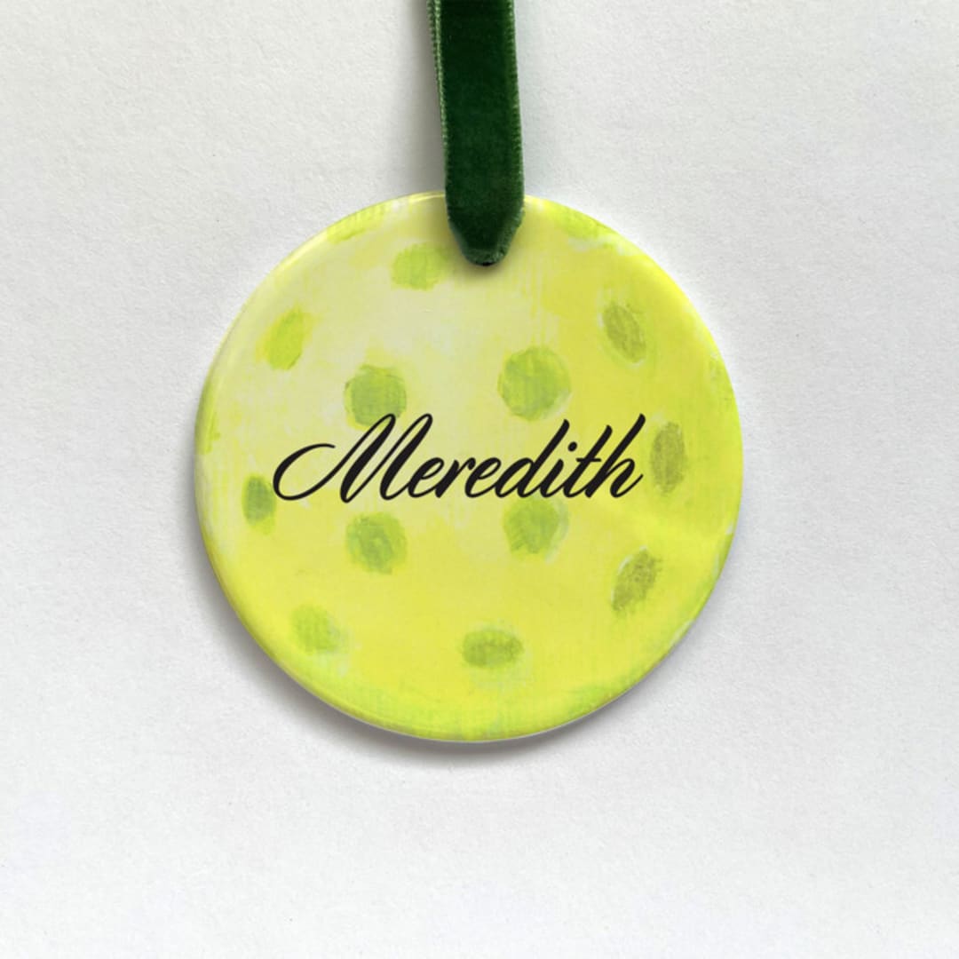 "Personalized Pickleball Ceramic Ornament" - Ornaments in yellow by Holly Whitcomb