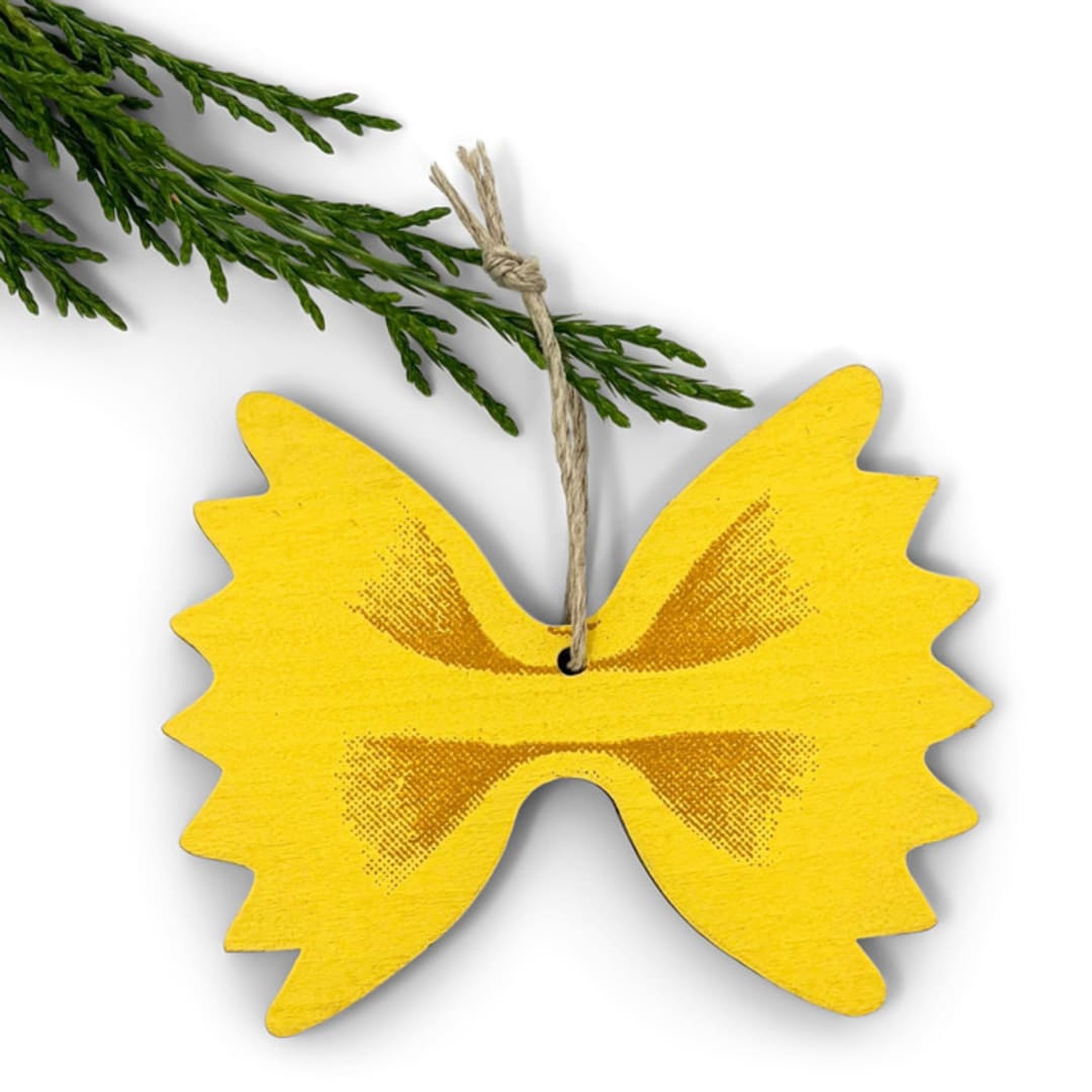 "Wooden Silkscreen Farfalle Pasta Ornament" - Ornaments in yellow by Shannon Broder