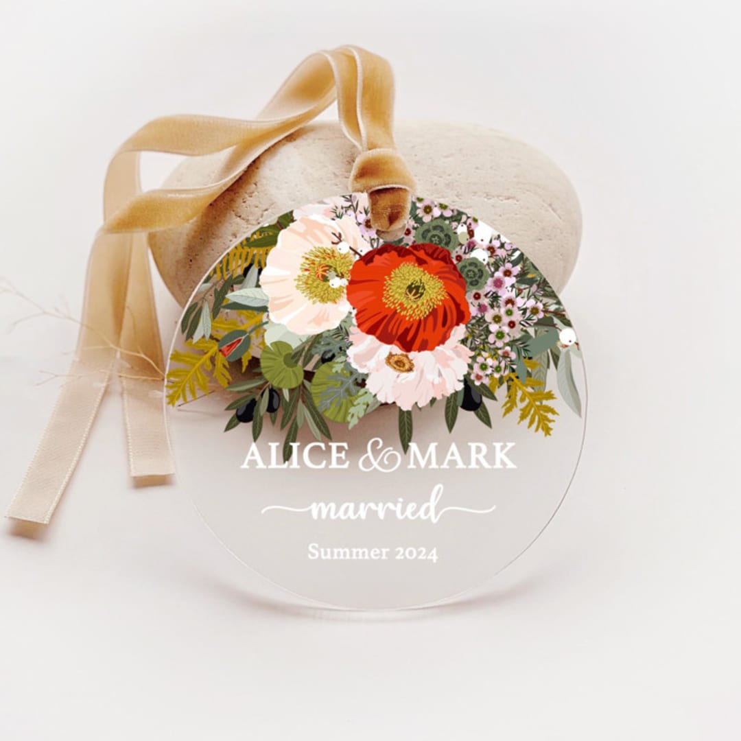"Personalized Acrylic Poppy Bouquet Floral Married Ornament, Set of 1" - Ornaments in multicolor by Iveta Abolina