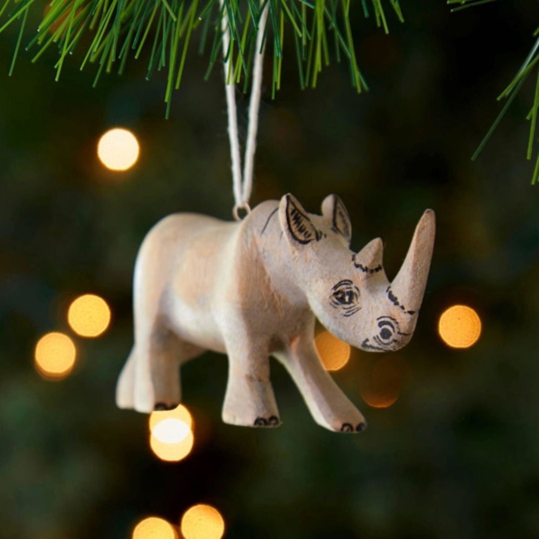 "Painted Wood Rhino Christmas Ornament" - Ornaments in gray by Aahlada Chennupati