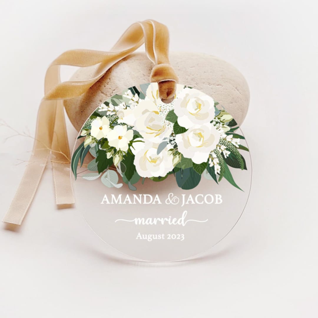 "Personalized White Roses Married Ornament, Set of 1" - Ornaments in multicolor by Iveta Abolina