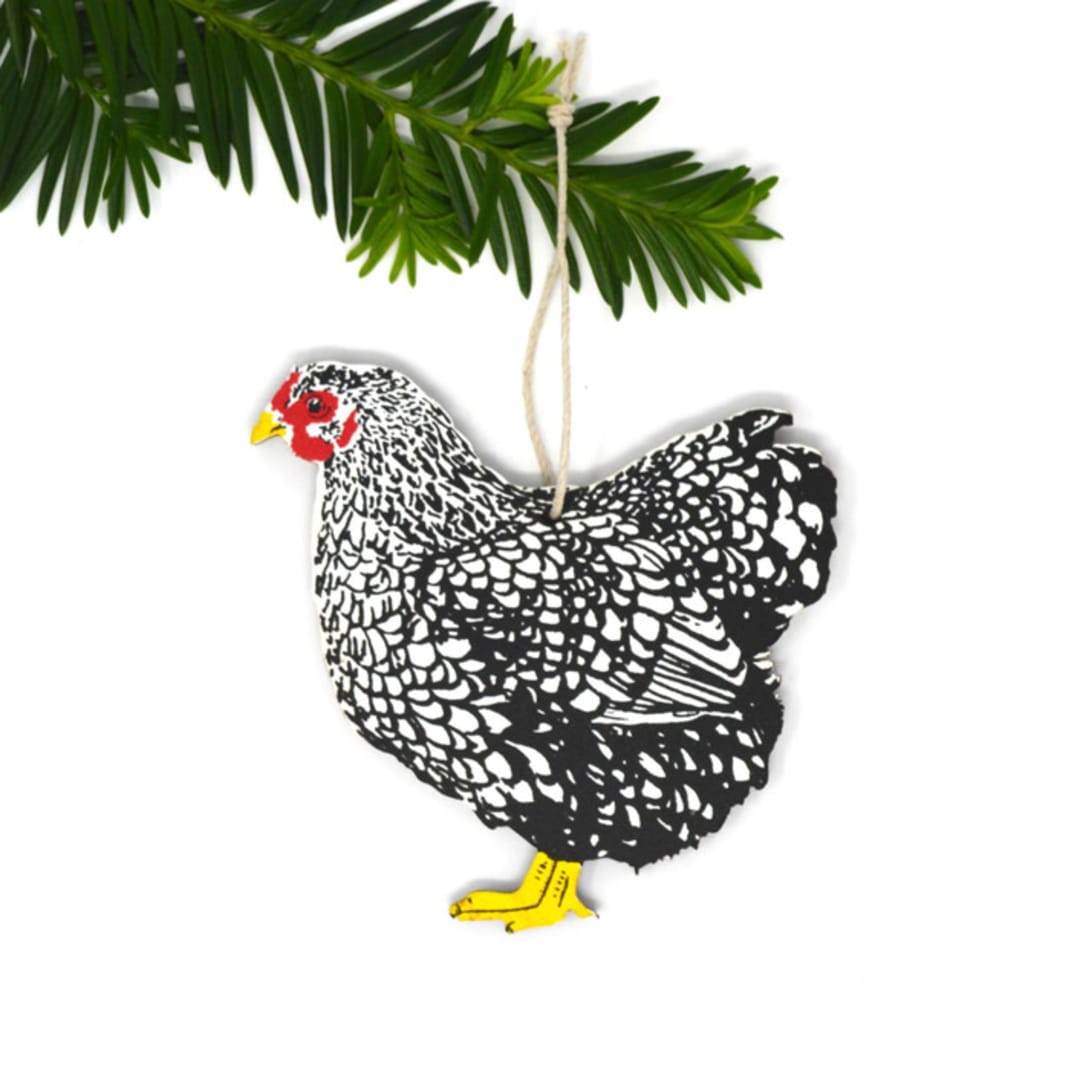 "Wooden Freckled Hen Ornament" - Ornaments in black by Shannon Broder