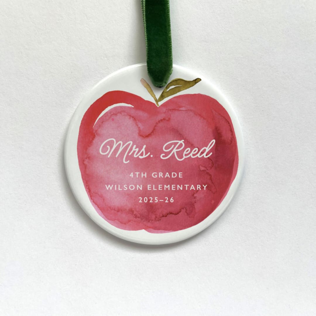 "Personalized Teacher Ceramic Ornament, Watercolor Apple" - Ornaments in white by Holly Whitcomb