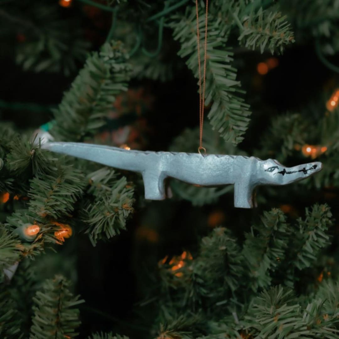 "Painted Wood Alligator Christmas Ornament" - Ornaments in green by Aahlada Chennupati