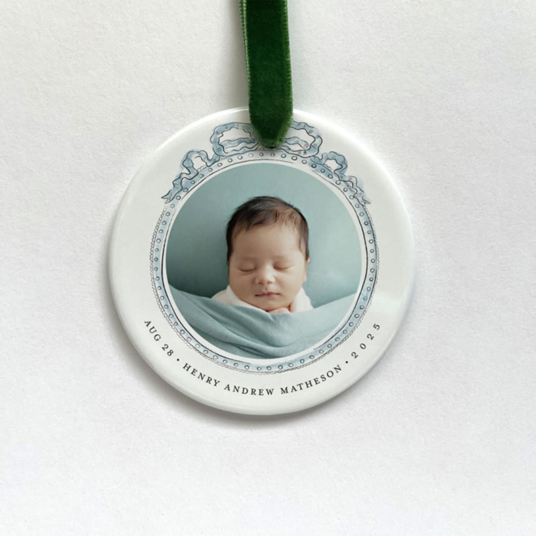 "Personalized Baby Photo Ornament - Vintage Ribbon" - Ornaments in white by Holly Whitcomb