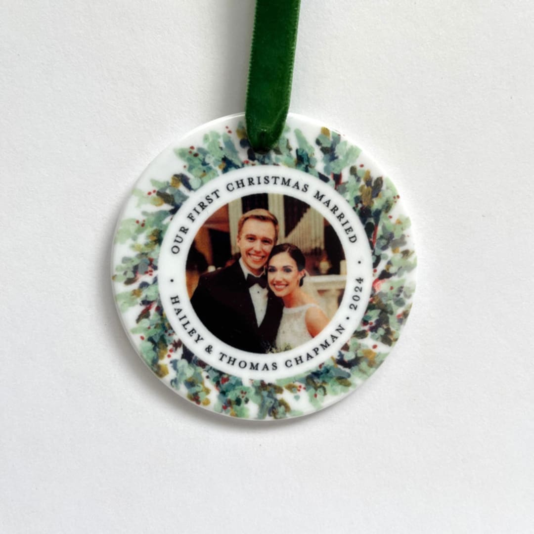 "Personalized Newlywed Photo Ornament, Painted Wreath" - Ornaments in white by Holly Whitcomb