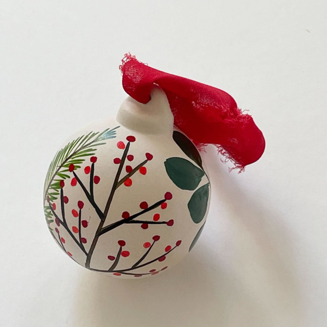 "Holiday Sprigs Hand-painted Ceramic Ornament" - Ornaments in white by Kara Aina